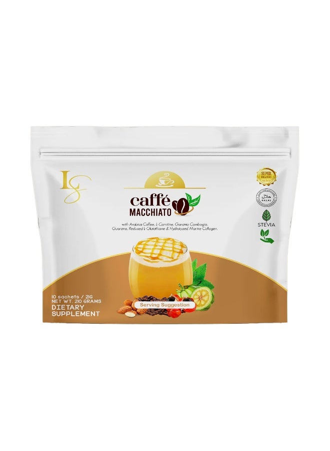 Luxe Slim Caffe Macchiato Coffee 10 Sachets | Low-Calorie Slimming Coffee with Collagen & Glutathione | Appetite Suppressant & Antioxidant | 21g per Sachet