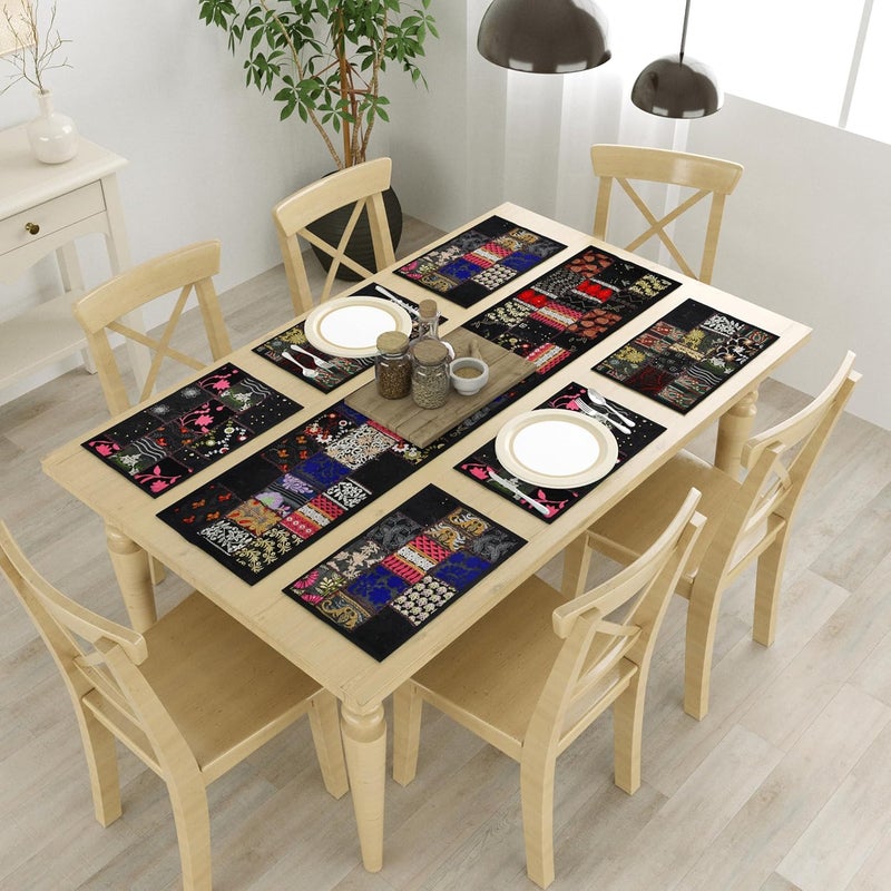 E Ezra Room Decor Cotton Patchwork Dining Table Runner with Mats Centre Table 4 6 Seater Long Runner Handmade 72 Inches Black