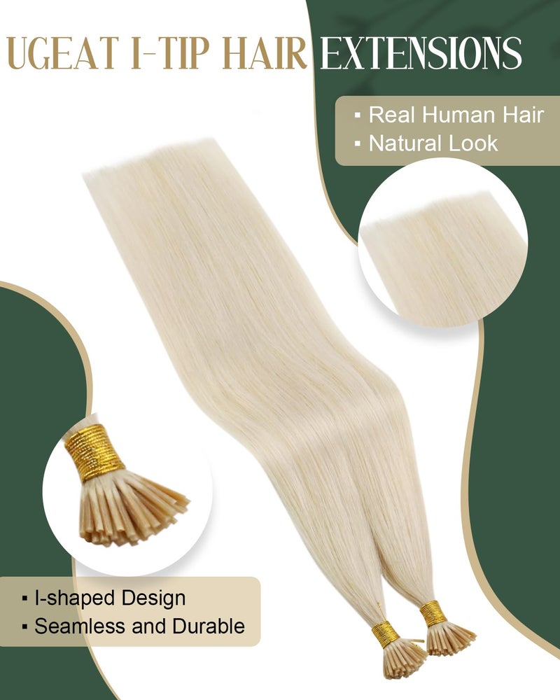 Ugeat Itip Human Hair Extensions Platinum Blonde Medium Length 18 Inch Platinum Blonde I Tip Hair Extensions Human Hair Itip to Add Length and Volume No Glue Needed No Damage for Women 50S - Image 2