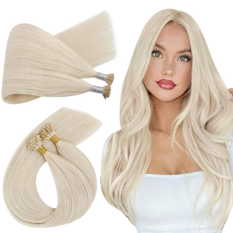 Ugeat Itip Human Hair Extensions Platinum Blonde Medium Length 18 Inch Platinum Blonde I Tip Hair Extensions Human Hair Itip to Add Length and Volume No Glue Needed No Damage for Women 50S - Image 1