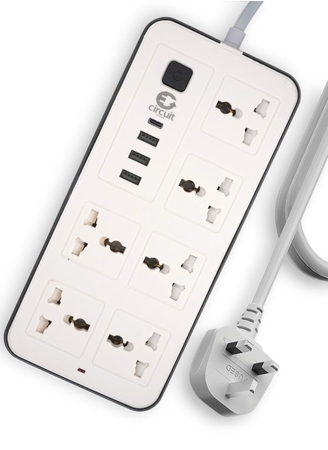 Circuit Green - Universal Extension Lead/Cord with Multiple Functions, UK 3-Pin Plug Socket with 6 Outlets | 3 USB Ports | 1 Type-C Cable Port, 2M Power Strip for Home, Kitchen, and Office (White) - Image 1