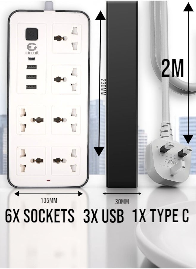 Circuit Green - Universal Extension Lead/Cord with Multiple Functions, UK 3-Pin Plug Socket with 6 Outlets | 3 USB Ports | 1 Type-C Cable Port, 2M Power Strip for Home, Kitchen, and Office (White) - Image 1