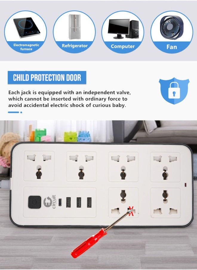Circuit Green - Universal Extension Lead/Cord with Multiple Functions, UK 3-Pin Plug Socket with 6 Outlets | 3 USB Ports | 1 Type-C Cable Port, 2M Power Strip for Home, Kitchen, and Office (White) - Image 1