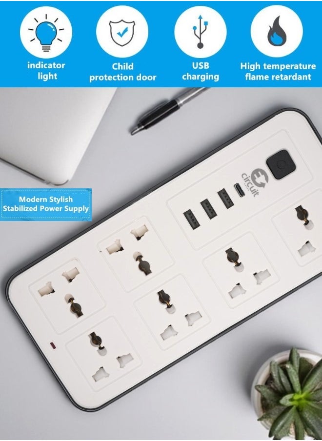 Circuit Green - Universal Extension Lead/Cord with Multiple Functions, UK 3-Pin Plug Socket with 6 Outlets | 3 USB Ports | 1 Type-C Cable Port, 2M Power Strip for Home, Kitchen, and Office (White) - Image 1