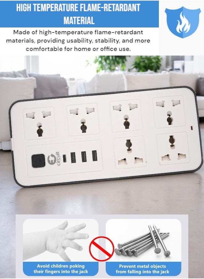 Circuit Green - Universal Extension Lead/Cord with Multiple Functions, UK 3-Pin Plug Socket with 6 Outlets | 3 USB Ports | 1 Type-C Cable Port, 2M Power Strip for Home, Kitchen, and Office (White) - Image 1