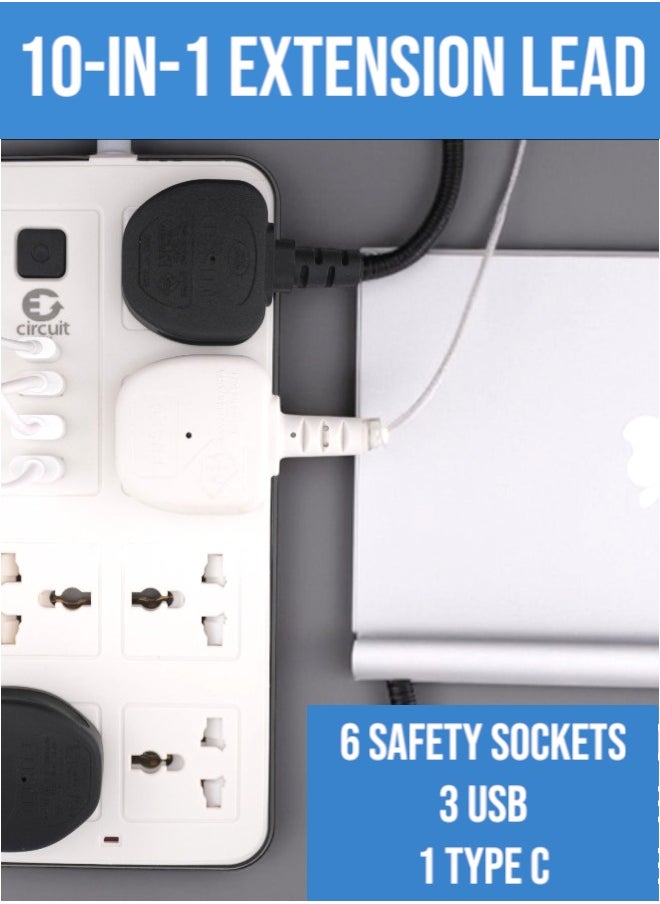 Circuit Green - Universal Extension Lead/Cord with Multiple Functions, UK 3-Pin Plug Socket with 6 Outlets | 3 USB Ports | 1 Type-C Cable Port, 2M Power Strip for Home, Kitchen, and Office (White) - Image 1