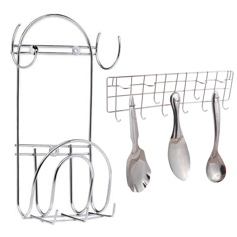 Oc9 Stainless Steel Wall Mounted Chakla Belan Stand Wall Mounted Ladle Hook Rail for Kitchen Pack of 2 Silver  - Image 1