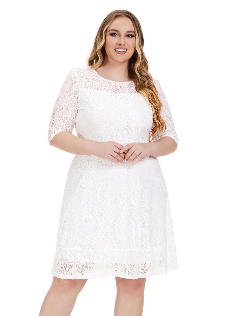 Loquat Spring/summer New Plus-size Women's Lace Dress With Round neck White  - Image 1