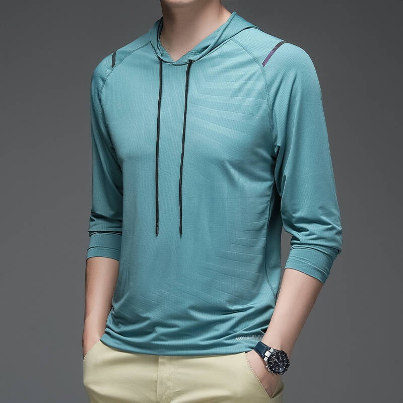 Hooded Long-Sleeved Ice Silk T-Shirt Men's Spring and Summer New Quality T-Shirt Men's Breathable Sports Elastic T-Shirt Men's - Image 1