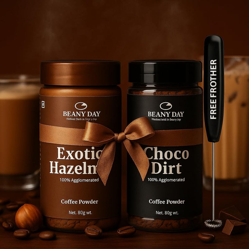 Beany Day Free Frother | Beany Day Instant Coffee Duo - Choco Dirt & Hazelnut (80g x 2) | Agglomerated | No Chicory | Strong Caf√©-Like Taste at Home - Image 2