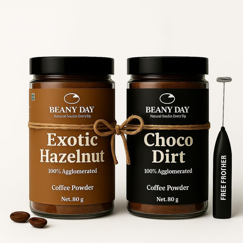 Beany Day Free Frother | Beany Day Instant Coffee Duo - Choco Dirt & Hazelnut (80g x 2) | Agglomerated | No Chicory | Strong Caf√©-Like Taste at Home - Image 1
