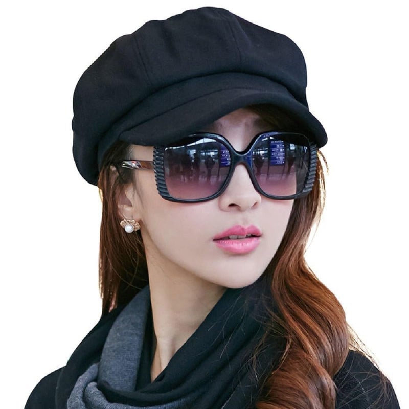 Comhats Big Head Wool Newsboy Hat for Women Brim Visor Fashion Winter Elastic Cabbie Pageboy Backer Fall Beret Caps Warm Black Large L - Image 1