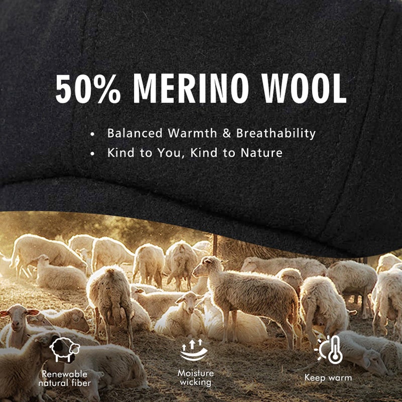 Comhats Big Head Wool Newsboy Hat for Women Brim Visor Fashion Winter Elastic Cabbie Pageboy Backer Fall Beret Caps Warm Black Large L - Image 4