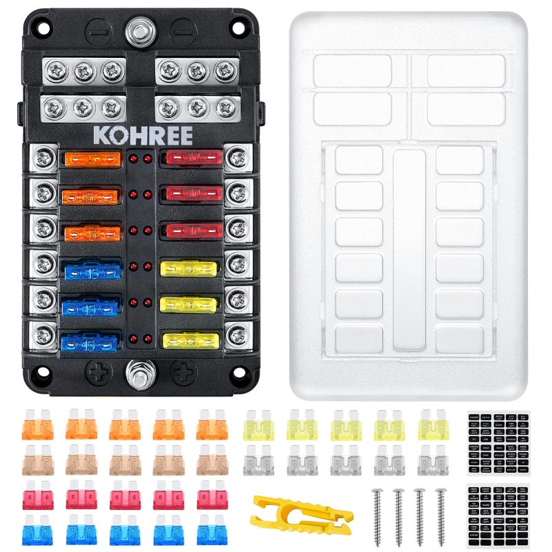 Kohree Kohree Fuse Box, 12-Way Blade Fuse Block with LED Indicator, 12 Circuits Fuse Box Holder with W/Negative Bus for Automotive Car Boat Marine SUV RV Van  - Image 1