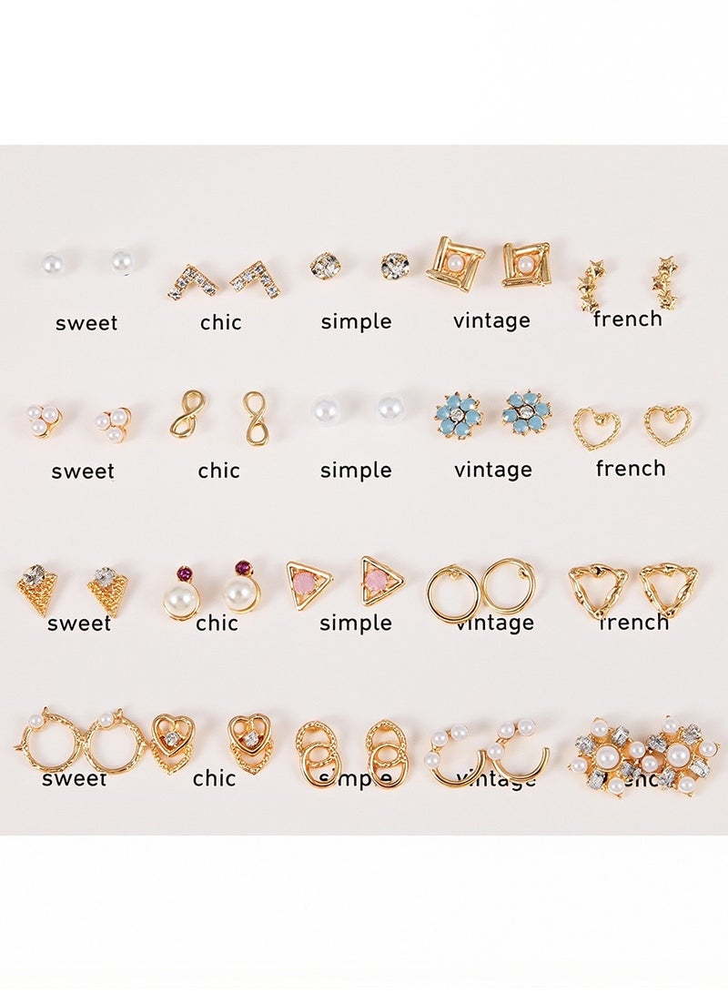 20 Pairs Stud Earrings Set for Women and Girls Gold Tone Pearl, Heart, Bow, Flower, Crystal, French & Vintage Styles Fashion Jewelry Gift for Daily Wear, Eid, Party  - Image 1