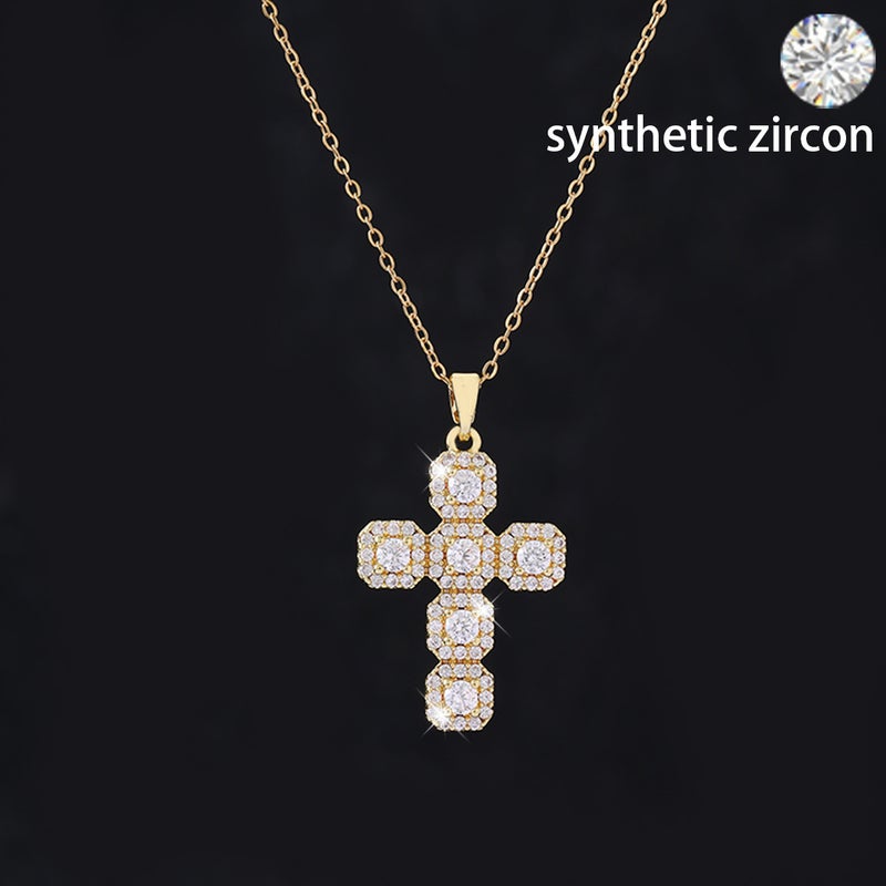 European and American Cross Pendant Necklace with Micro-Pavé Colored Zirconia - Stylish Ins Style