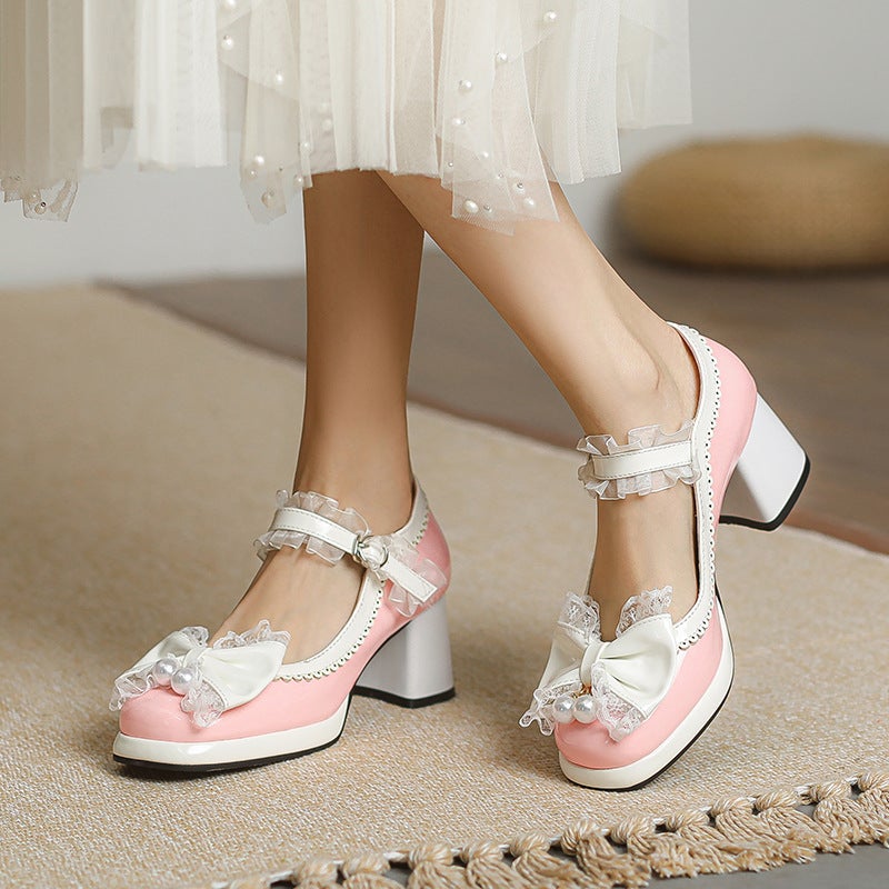 In The Spring Of 2024 Thick High-Heeled Lace 32-43 Plus Size Bow Color Matching Shallow Mouth Shoes - Image 4