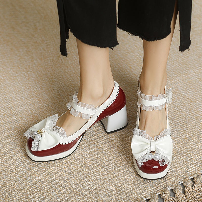 In The Spring Of 2024 Thick High-Heeled Lace 32-43 Plus Size Bow Color Matching Shallow Mouth Shoes - Image 2