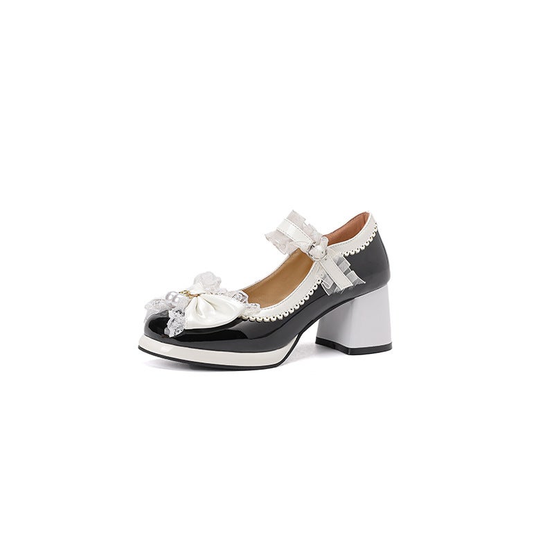In The Spring Of 2024 Thick High-Heeled Lace 32-43 Plus Size Bow Color Matching Shallow Mouth Shoes - Image 1