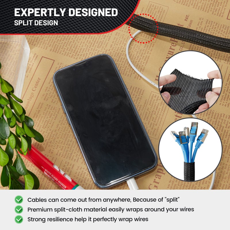 RED WOLF 1/4â€ x 10FT Cable Sleeves Cord Management Braided Wire Loom Sleeving Protector Wiring Cable Cover Flexible Self-Wrap for Automotive Home Office Anti-Scratch High-Temperature Black - Image 2
