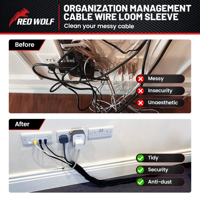 RED WOLF 1/4â€ x 10FT Cable Sleeves Cord Management Braided Wire Loom Sleeving Protector Wiring Cable Cover Flexible Self-Wrap for Automotive Home Office Anti-Scratch High-Temperature Black - Image 4