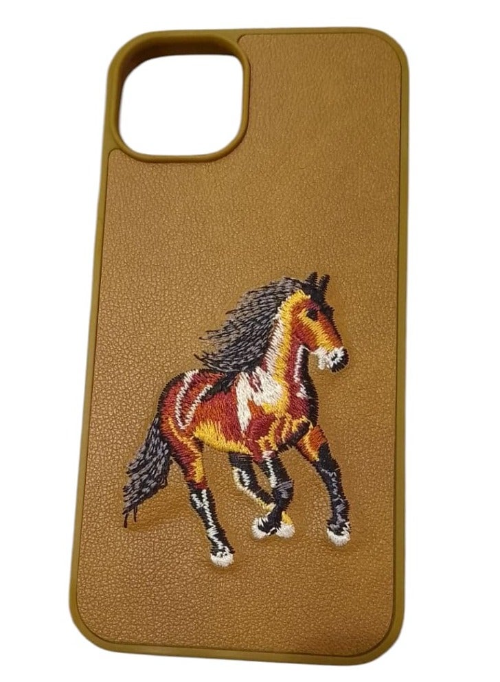 كيس جراب هاتف مضاد للصدمات بتصميم تطريز حصان لهاتف آيفون 13باللون بني