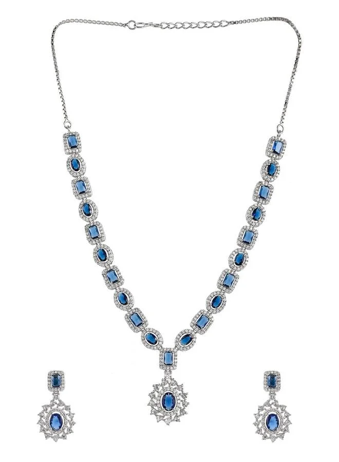 VOYLLA Sparkling Elegance Royal Blue and White CZ Brass Silver Plated Jewellery Set