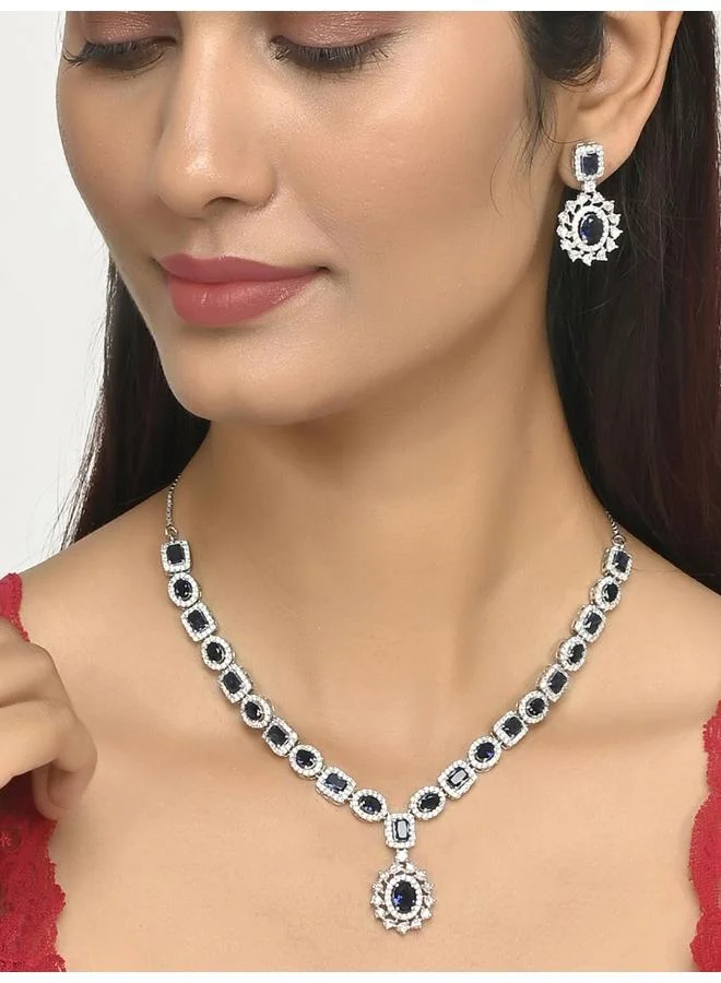 VOYLLA Sparkling Elegance Royal Blue and White CZ Brass Silver Plated Jewellery Set
