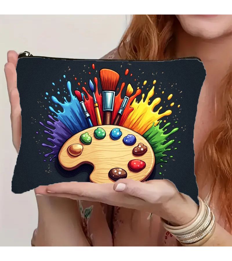 1 حقيبة مكياج مطبوعة بلوحة ألوان الفنان وفرشاة، مقاس 26 × 18 سم، كيس أدوات الزينة للسفر بخفة الوزن مع سحاب، حقيبة تخزين فنية متينة وقابلة للحمل للرجال والنساء - Image 2