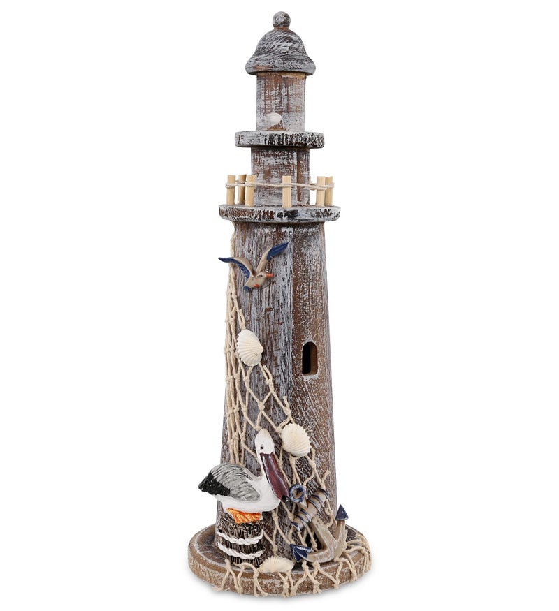 Puzzled CoTa Global Brown Wooden Lighthouse Decor Handcrafted Nautical Lighthouse Table Top Centerpiece with Pelican Fishing Net Seashells and Anchor Decor Lighthouse Outdoor Decor 1425 Inches