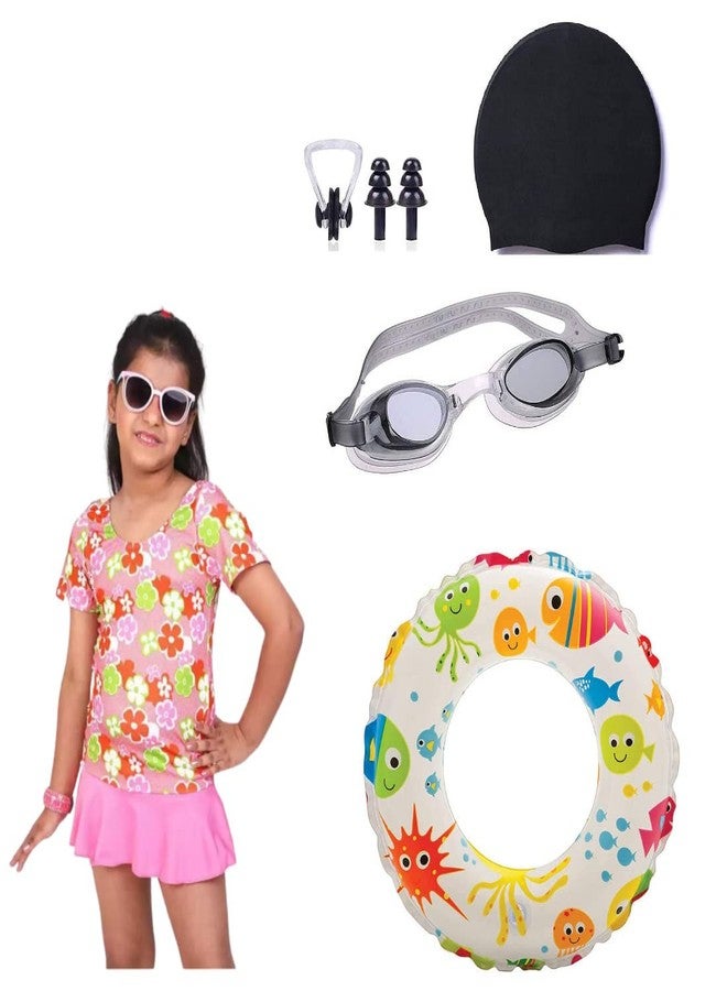 SHIFTER Swimming costume dress for girls | Swimming goggles | Swimming cap | Swimming ring tube | Ear plug and nose plugs - Combo kit perfect for girls-Multicolor (9-10 Years) - Image 1