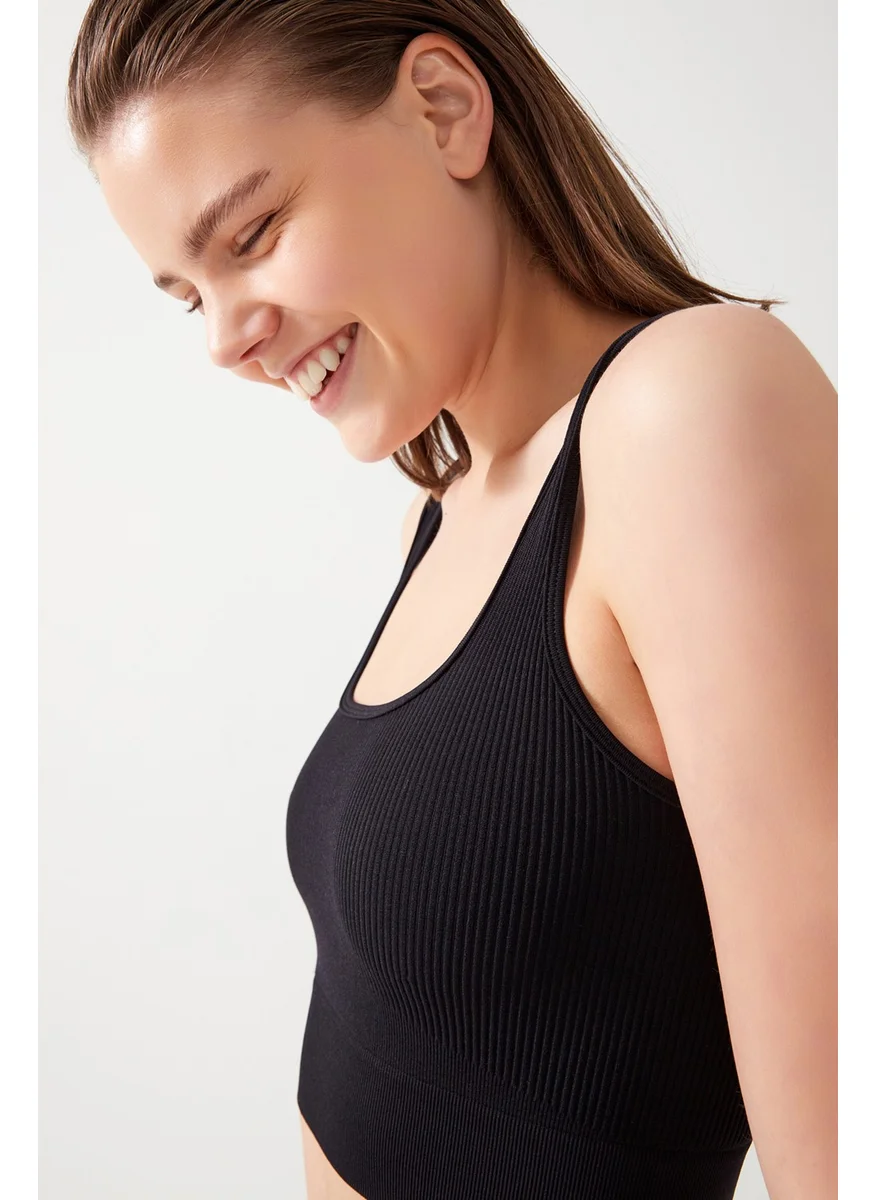 Los Ojos Women's Black Strap Ribbed Square Neck Crop Top Bustier Square