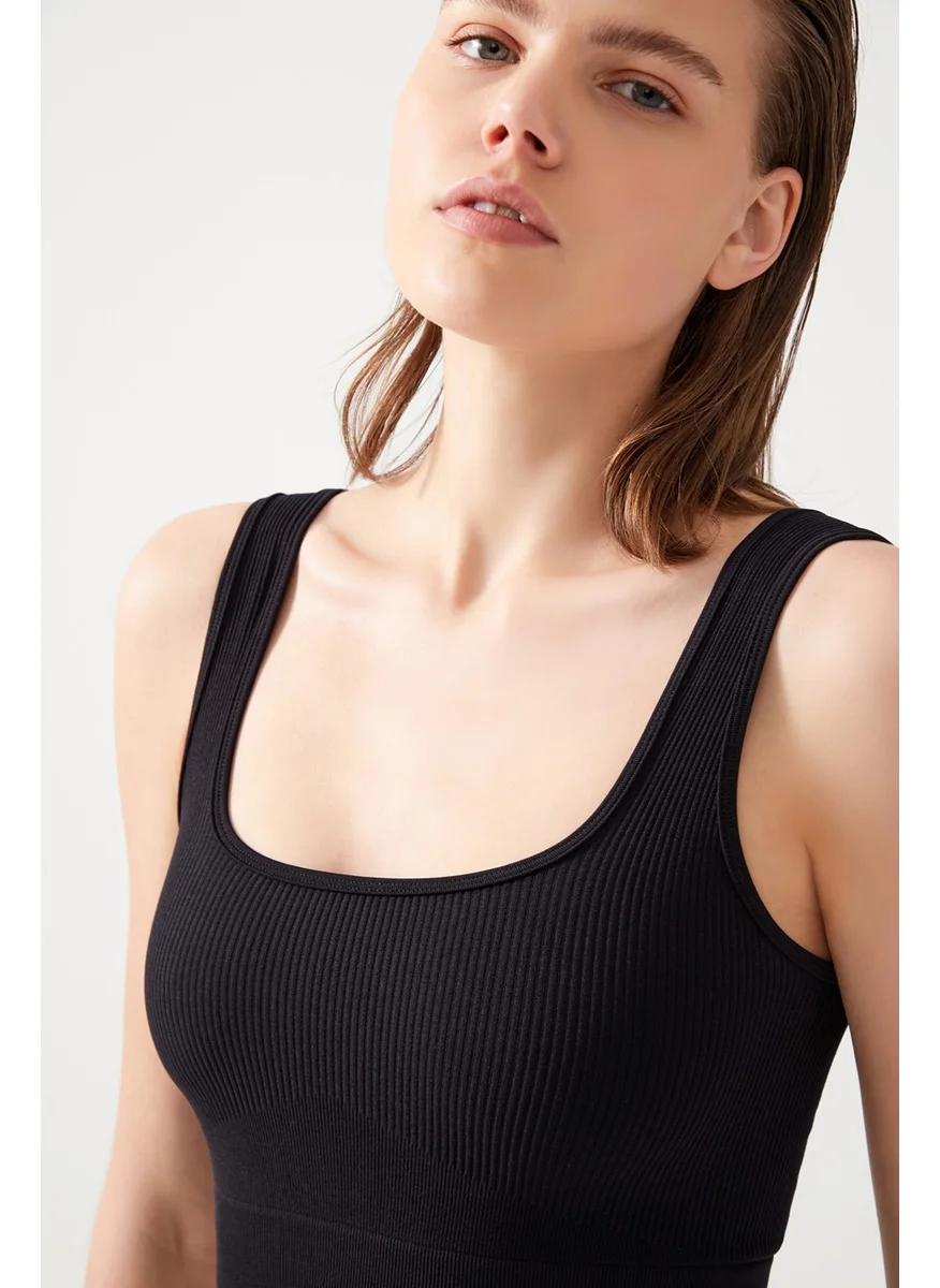 Los Ojos Women's Black Strap Ribbed Square Neck Crop Top Bustier Square