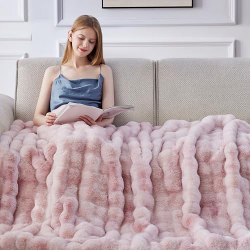 Anysay Faux Fur Throw Blanket, 1000GSM Fluffy Soft Bubble Blanket for Couch Bed, Cozy Plush Warm and Thick Blanket, Fuzzy Rabbit Throw for Living Room Bedroom 50''*60'' Pink - Image 4
