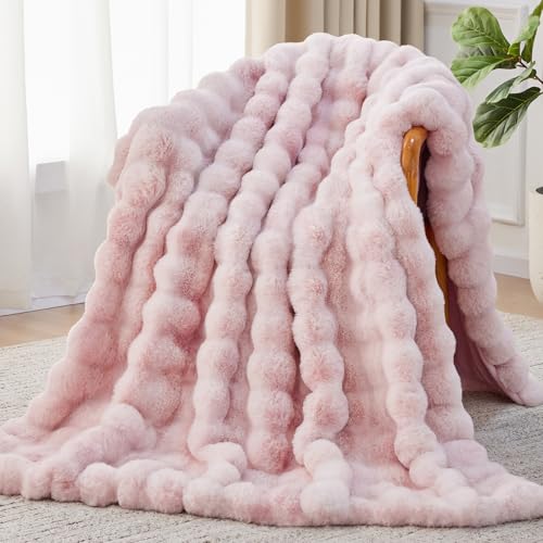 Anysay Faux Fur Throw Blanket, 1000GSM Fluffy Soft Bubble Blanket for Couch Bed, Cozy Plush Warm and Thick Blanket, Fuzzy Rabbit Throw for Living Room Bedroom 50''*60'' Pink - Image 1
