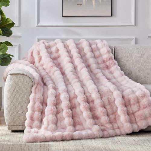 Anysay Faux Fur Throw Blanket, 1000GSM Fluffy Soft Bubble Blanket for Couch Bed, Cozy Plush Warm and Thick Blanket, Fuzzy Rabbit Throw for Living Room Bedroom 50''*60'' Pink - Image 3