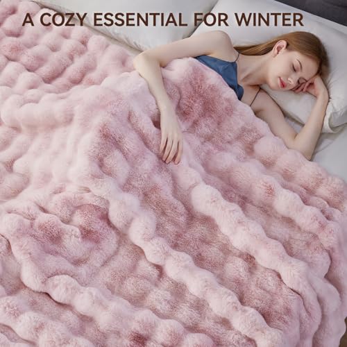 Anysay Faux Fur Throw Blanket, 1000GSM Fluffy Soft Bubble Blanket for Couch Bed, Cozy Plush Warm and Thick Blanket, Fuzzy Rabbit Throw for Living Room Bedroom 50''*60'' Pink - Image 5