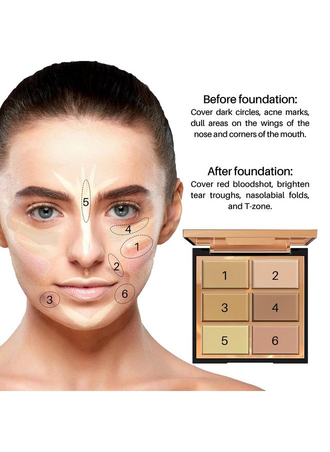 FV - 6 Colors Cream Concealer Palette Full Coverage & Long Lasting Colors Corrector Palette For Dark Circles Redness Acne With Natural Finish Cream Foundation Palette 01 Light Shade - Image 1