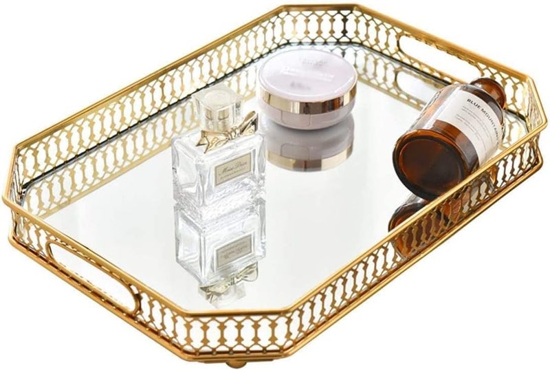 BOCFOA Mirror Tray, Perfume Tray, Vanity Makeup Decorative Jewelry Tray with Metal for Dresser Bathroom Bedroom Countertop Organizer, Large Size 13.8"" X 9.6"", Gold, DAJIN2 - Image 1
