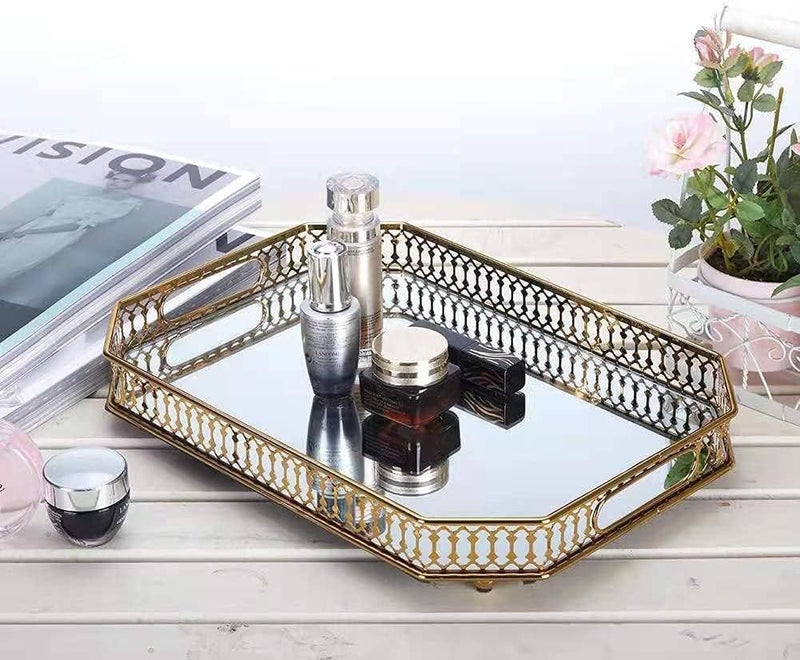 BOCFOA Mirror Tray, Perfume Tray, Vanity Makeup Decorative Jewelry Tray with Metal for Dresser Bathroom Bedroom Countertop Organizer, Large Size 13.8"" X 9.6"", Gold, DAJIN2 - Image 2