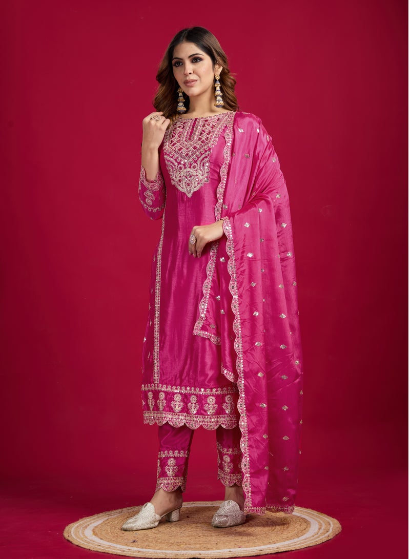 Super Asian New Collection Heavy Chinnon Silk Top-Bottom and Dupatta Set Fully Stitched Ready To Wear  - Image 1