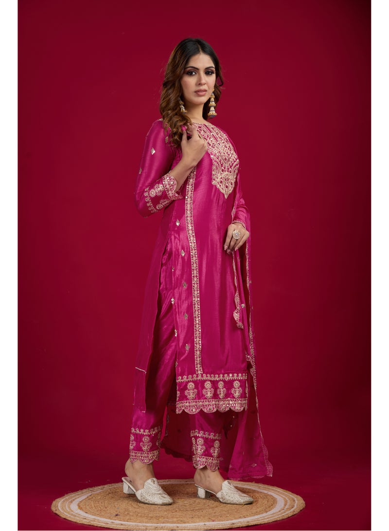 Super Asian New Collection Heavy Chinnon Silk Top-Bottom and Dupatta Set Fully Stitched Ready To Wear  - Image 2