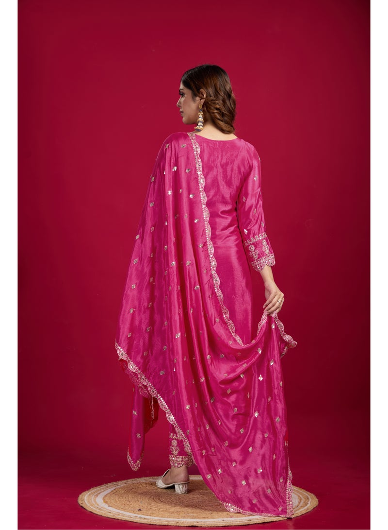 Super Asian New Collection Heavy Chinnon Silk Top-Bottom and Dupatta Set Fully Stitched Ready To Wear  - Image 3