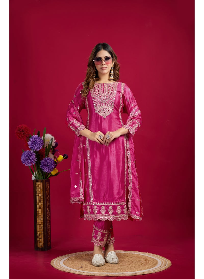 Super Asian New Collection Heavy Chinnon Silk Top-Bottom and Dupatta Set Fully Stitched Ready To Wear  - Image 4