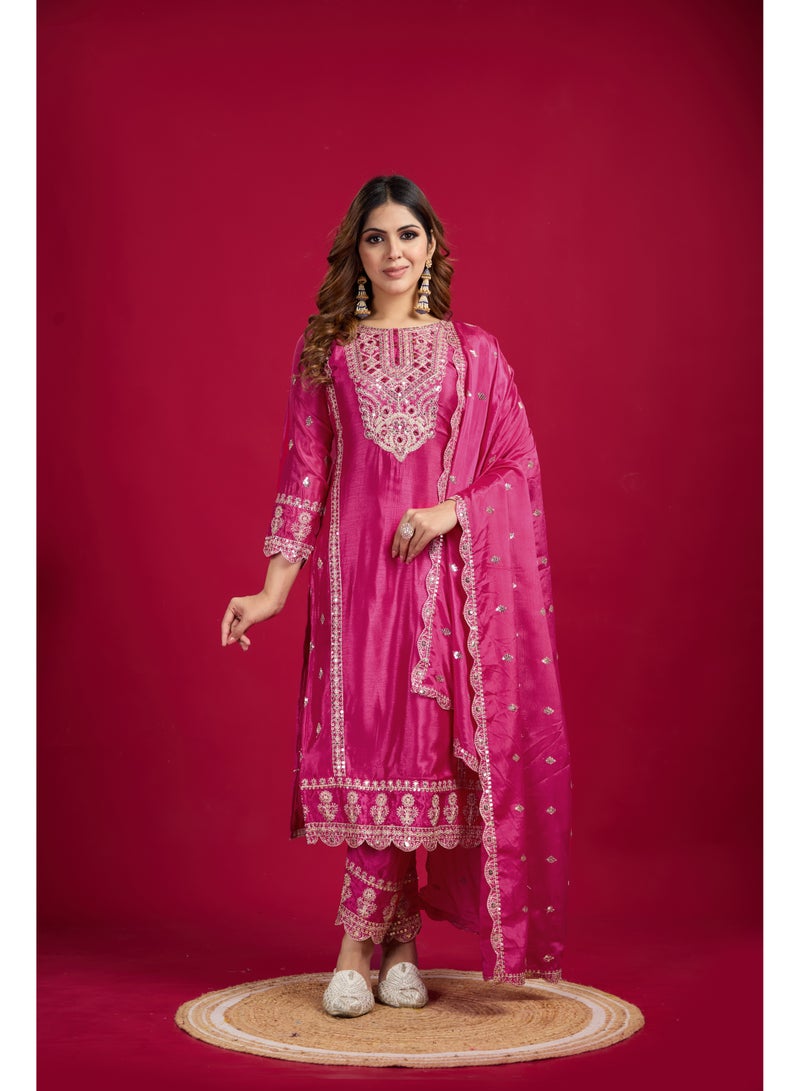 Super Asian New Collection Heavy Chinnon Silk Top-Bottom and Dupatta Set Fully Stitched Ready To Wear  - Image 5