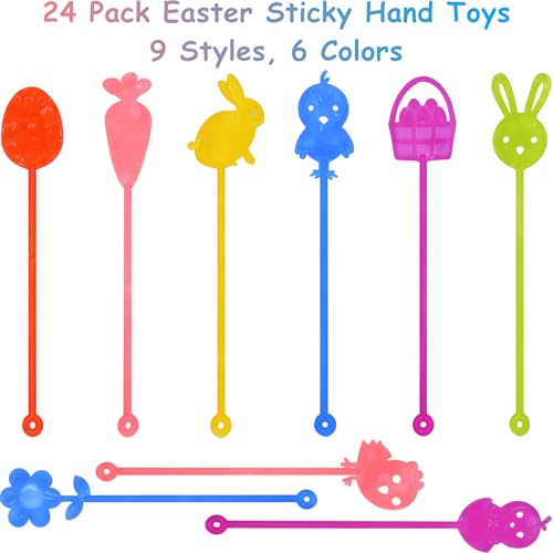 Howzcci 24 Pack Easter Sticky Hands Toys with 24 Pcs Plastic Easter Eggs Easter Bunny Egg Chick Carrot Flower Basket Sticky Stretchy Toys for Kids Girls Boys Easter Basket Stuffers Party Favors Gifts - Image 5