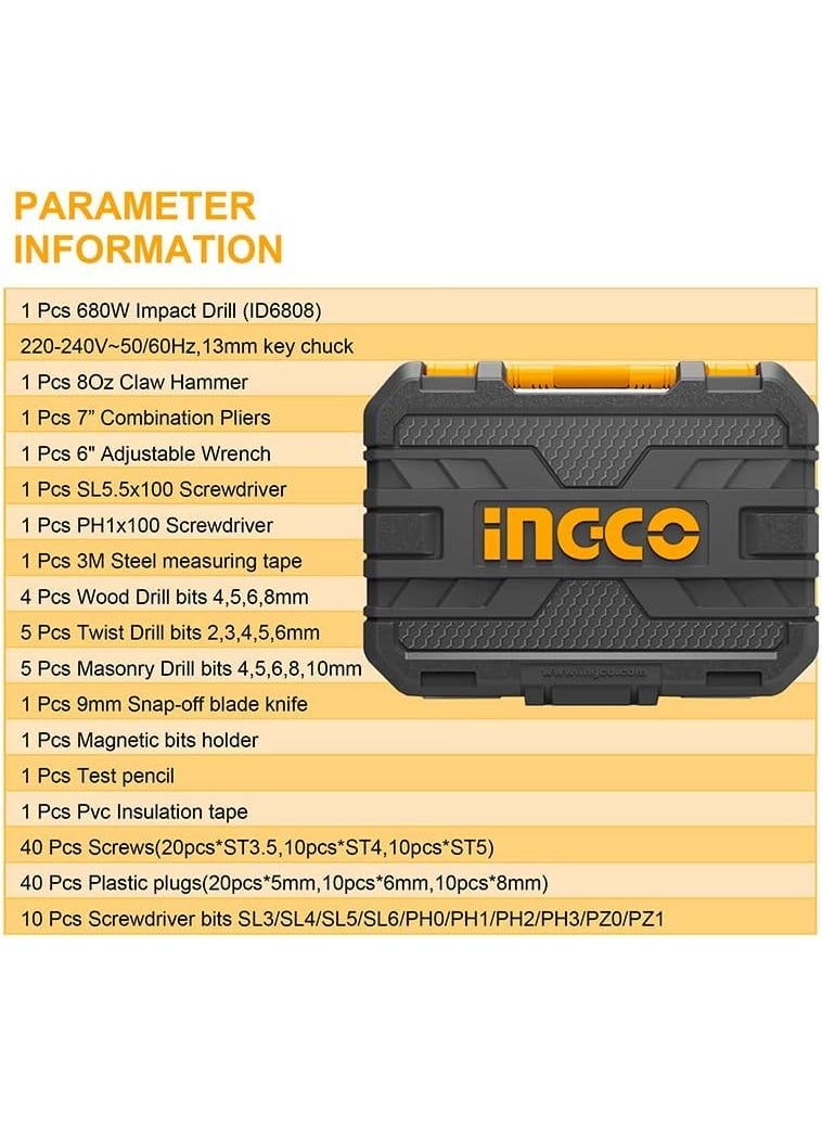 INGCO INGCO Drilling Machine Kit, 115 Pcs Tools Set, Drill Tool Kits HKTHP11151,Heavy Duty Impact Drill Machine, 1 Pcs 680W Impact Drill (ID6808) ,220-240V~50/60Hz,13 millimeters key chuck  - Image 4