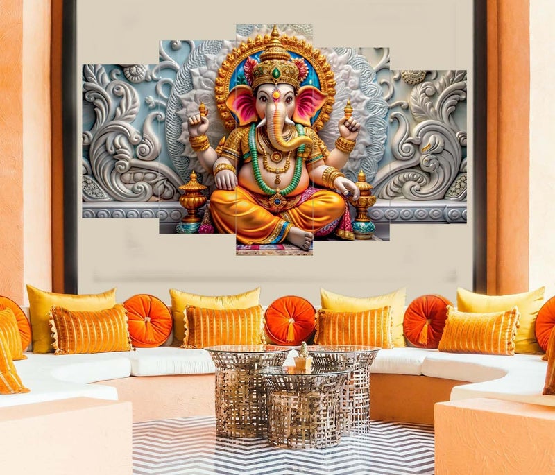 SN Handicrafts لوحات SN الحرفية لتزيين الجدران - مجموعة من خمسة، لوحة غانيش ثلاثية الأبعاد للفن الحديث لغرفة المعيشة بحجم كبير لتزيين المنزل، الفندق، المكتب 76.2 سم × 45 سم (غانيش s-0107) - Image 2