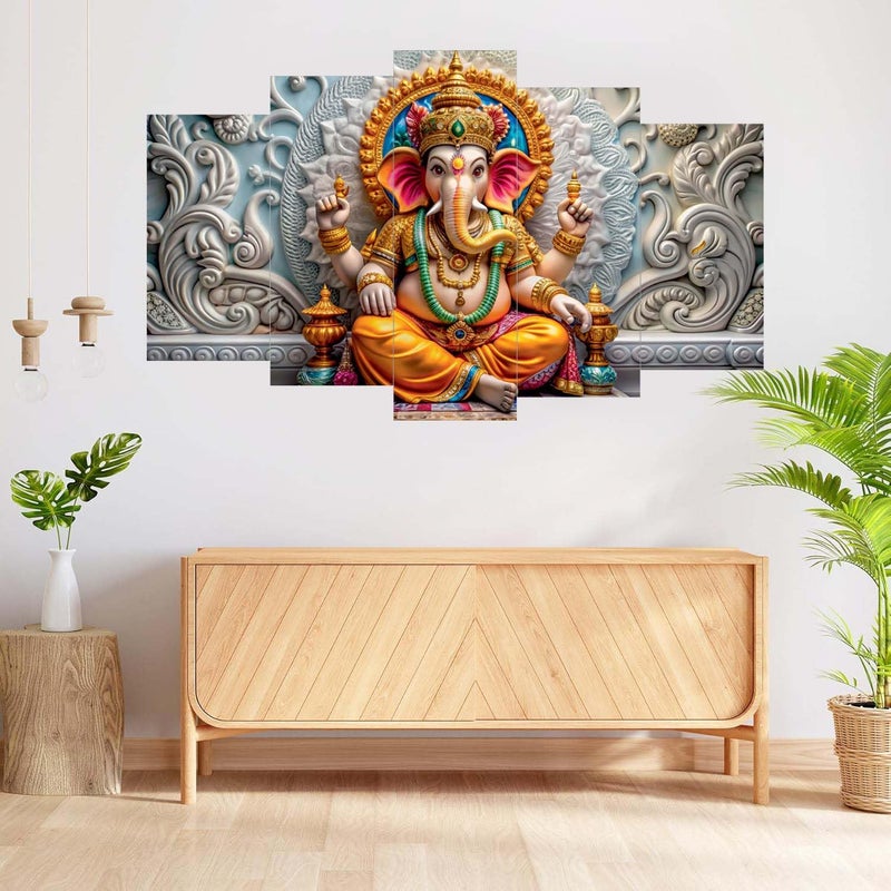 SN Handicrafts لوحات SN الحرفية لتزيين الجدران - مجموعة من خمسة، لوحة غانيش ثلاثية الأبعاد للفن الحديث لغرفة المعيشة بحجم كبير لتزيين المنزل، الفندق، المكتب 76.2 سم × 45 سم (غانيش s-0107) - Image 3