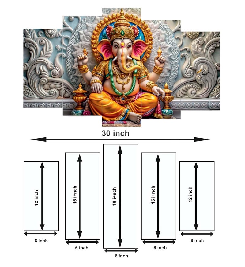 SN Handicrafts لوحات SN الحرفية لتزيين الجدران - مجموعة من خمسة، لوحة غانيش ثلاثية الأبعاد للفن الحديث لغرفة المعيشة بحجم كبير لتزيين المنزل، الفندق، المكتب 76.2 سم × 45 سم (غانيش s-0107) - Image 4